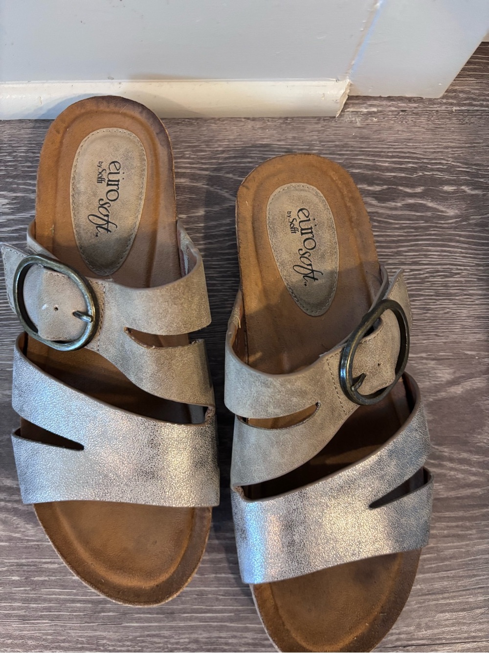 EuroSoft Women's Metallic Silver Slide Sandals with Decorative Buckle